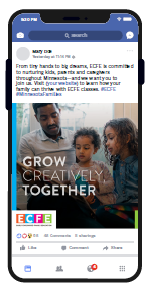 A phone with a Facebook post featuring the headline "Grow Creatively, Together"
