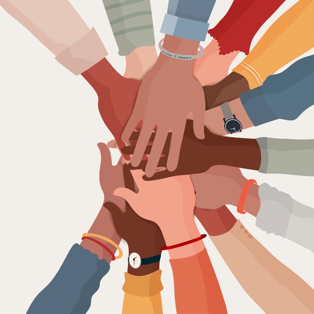 graphic of people putting there hands in for a cheer. 