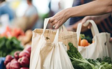 A close-up shot of a person's hand holding a reusable shopping bag with vegetables.