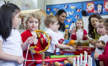 Two child care providers playing musical instruments with children