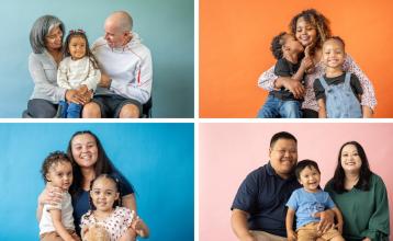 Four different ECFE families: a child with older caregivers, a Black mother with two children, two Hmong parents with one child, and a Latine mother with two children