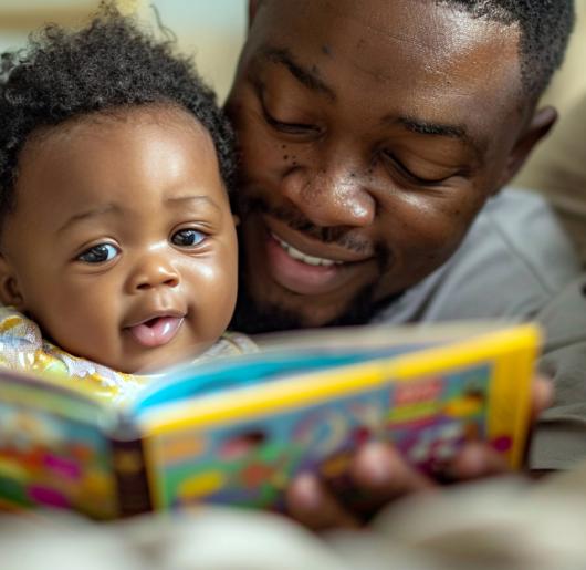 A parent reading a bedtime story to their newborn.