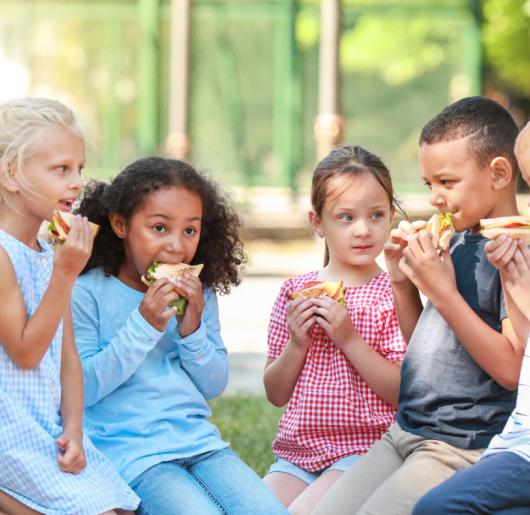 Four kids between the ages 5-8 having sandwiches in a park on a sunny day.