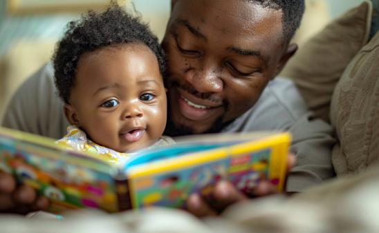 A parent reading a bedtime story to their newborn.