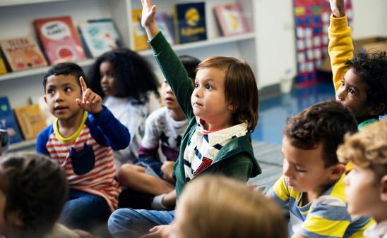 A child raises his hand while sitting on a rug with classmates