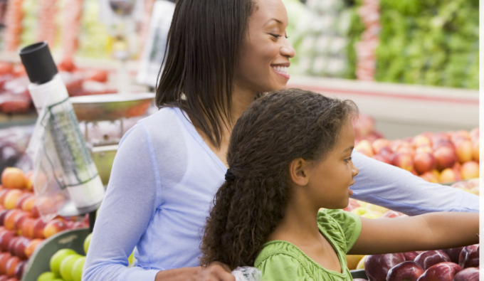 Woman and child shop for groceries