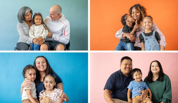 Four different ECFE families: a child with older caregivers, a Black mother with two children, two Hmong parents with one child, and a Latine mother with two children