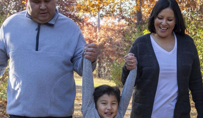 Family walking on path