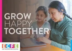 Postcard with a caregiver and child and the text "Grow Happy, Together"