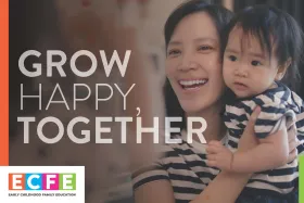 Postcard with a caregiver and toddler with text "Grow Happy, Together"