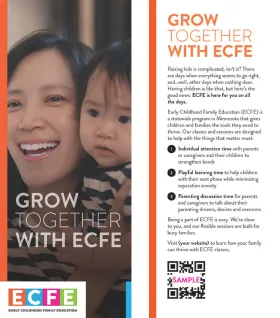 Rackcard featuring a mother and young child with the text "Grow Together with ECFE"