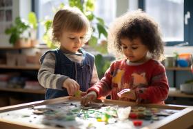Two toddlers playing at a table