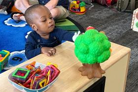 Baby reaches for a plastic tree toy